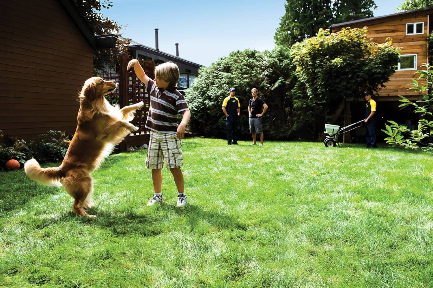 Child playing with a dog on a well-maintained lawn while BUR-HAN landscaping professionals work in the background